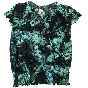 ISELA WOMEN'S GREEN/BLACK SHORT SLEEVE ELASTIC WAIST PEASANT‎ TOP LARGE-EUC
